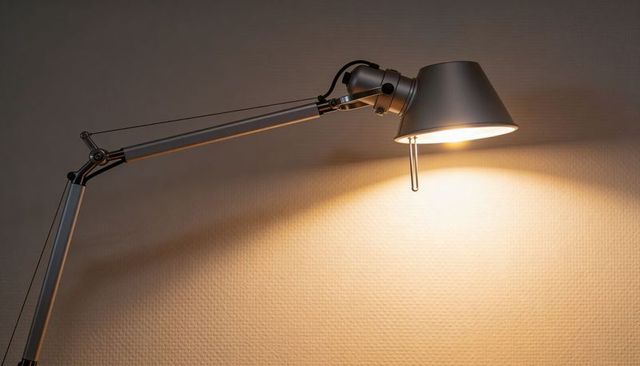 Adjustable metal desk lamp illuminating warm textured wall, modern task lighting workspace