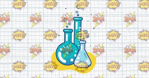 Colorful chemistry experiment flasks with explosive reactions