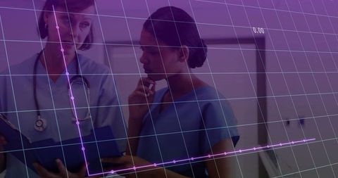 Clinicians analyzing medical data with technology graphic