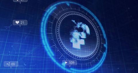 Projecting holographic HUD with fragmented currency symbol and social badges on neon grid