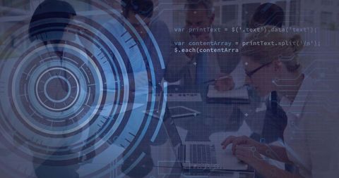 Business Team Collaborating with Futuristic Technology Overlay