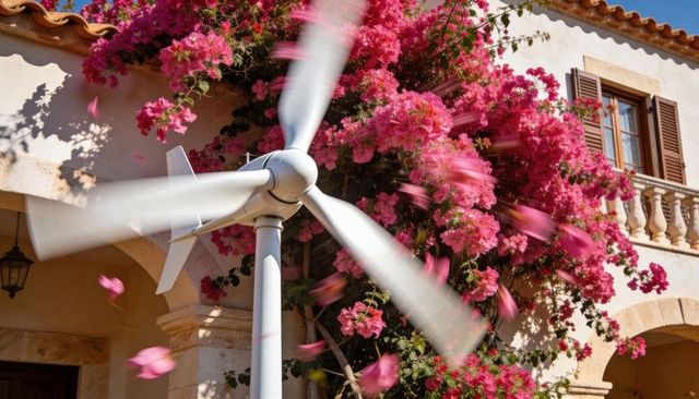 Spinning wind turbine stirring pink bougainvillea on mediterranean stucco facade