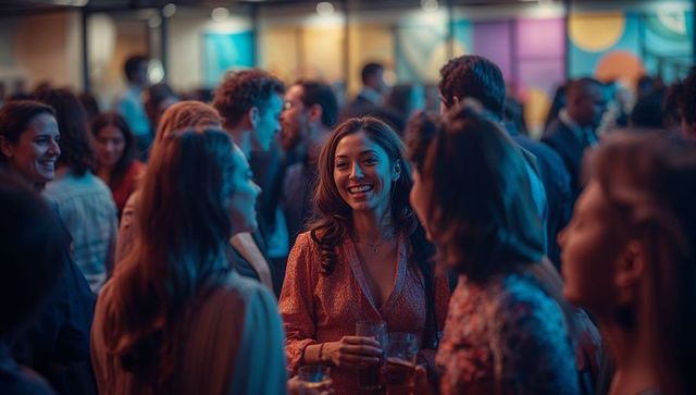 Smiling Woman at Vibrant Cocktail Mixer Event