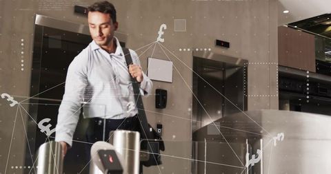 Business professional scanning card in modern lobby with pound symbol overlay