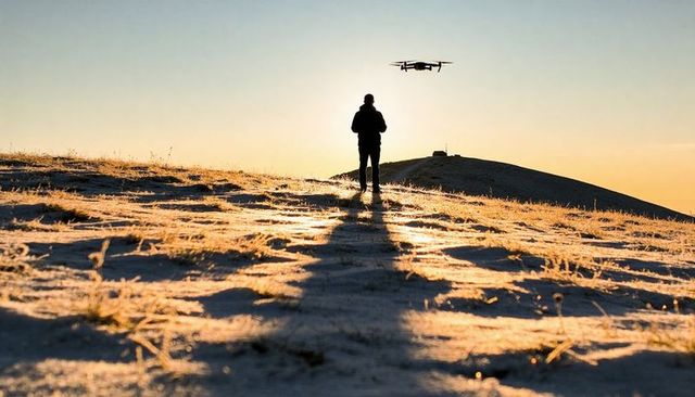 Man piloting quadcopter at sunrise over frosty hilltop silhouette with long shadows