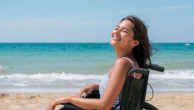 Smiling woman in wheelchair enjoying seaside breeze on sunny beach, inclusive travel