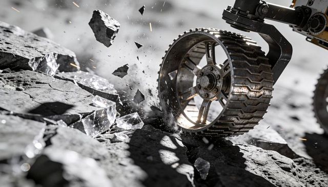 Rover wheel crushing lunar-like rock, sparks flying and shards scattering