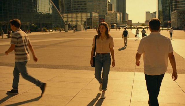 Woman walking through sunlit urban plaza between passing pedestrians under glass arch