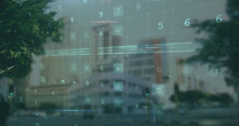 Viewed in a creative and conceptual manner, the digital numbers holograph over a city creates themes of digital innovation and urban technology integration. Perfect for illustrating topics related to data security, digital transformation, smart cities, and technological advancement insights.