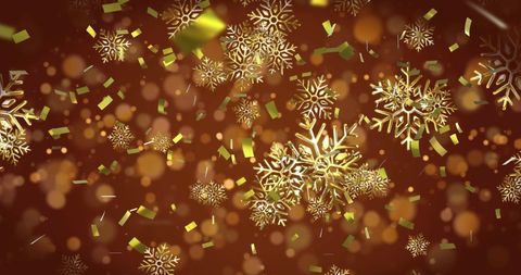 Festive gold snowflakes and confetti on rich brown background