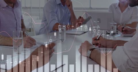 Business team discussing financial growth and strategy in office meeting