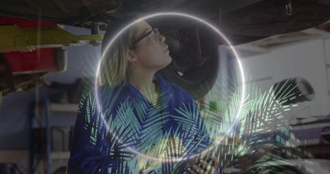 Futuristic automotive maintenance with digital interface overlay