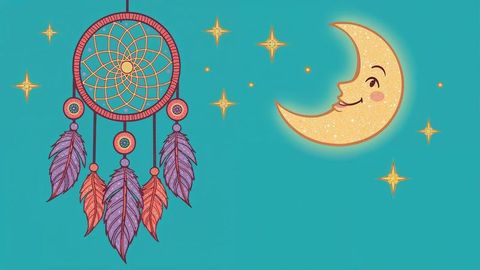 Vintage Dreamcatcher with Crescent Moon and Stars on Teal Background