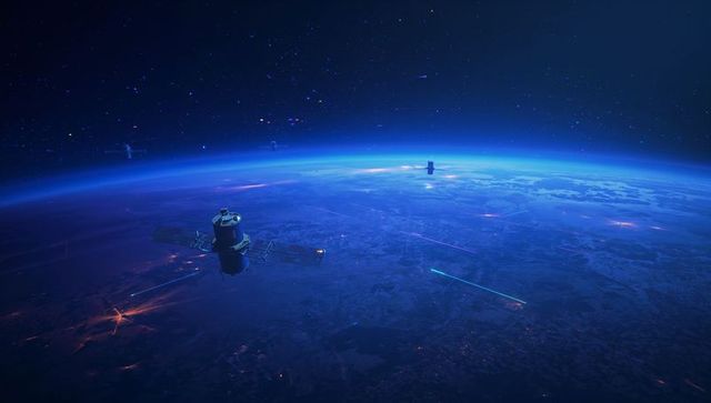 Space Satellite Orbiting Earth Showing Horizon and Night Lights