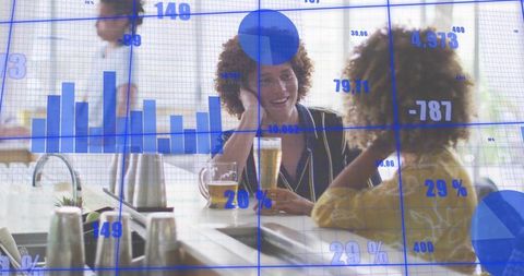 Women chatting over pints at bar while blue charts overlay modern analytics concept