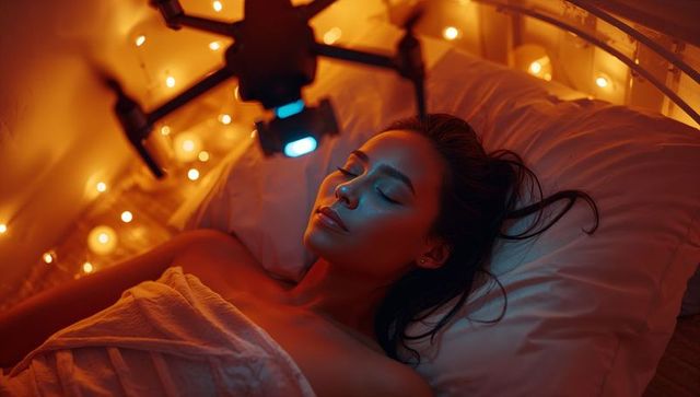 Peaceful Asian Woman Relaxing Beneath Glowing Drone Light