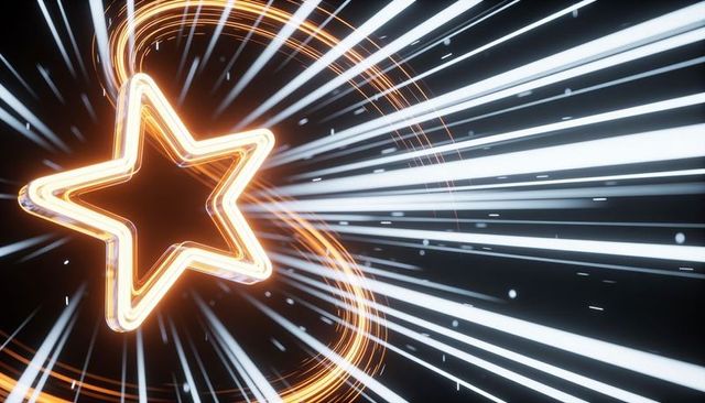 Neon star radiating orange rings and dynamic white light rays for abstract tech and holiday