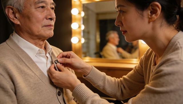 Adult daughter fastening cardigan for elderly asian man in warm vanity mirror glow