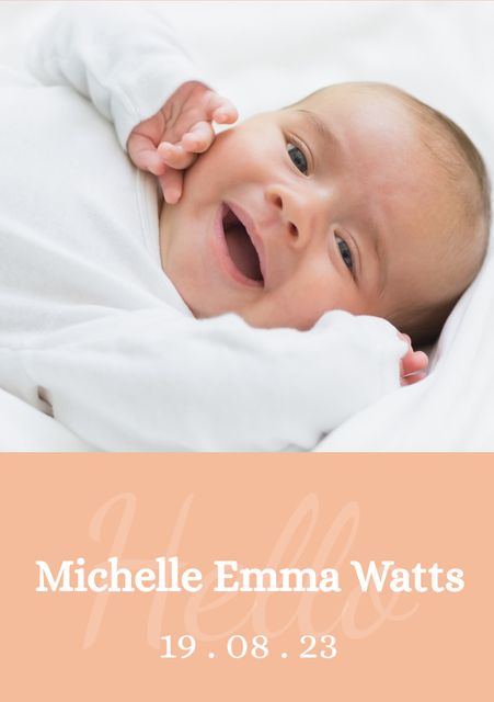 Composite of hello michelle emma watts, 19-08-23 and portrait of cute caucasian baby lying on bed. Text, babyhood, innocent, greeting, wishes, congratulating concept.