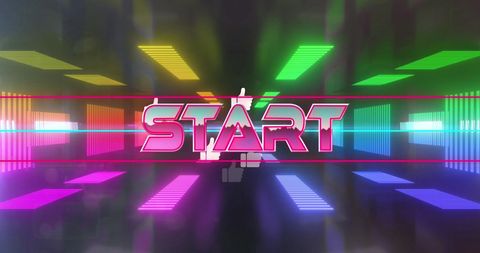 Neon start screen with glowing tunnel background