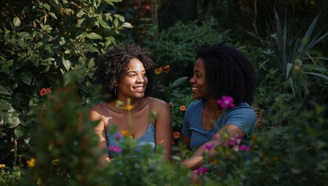 Two women smiling together in sunny backyard garden surrounded by flowering plants
