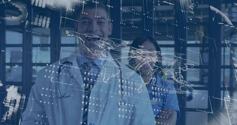 Physician and Nurse Presenting Interactive Global Health Map, Telemedicine and Data Analytics