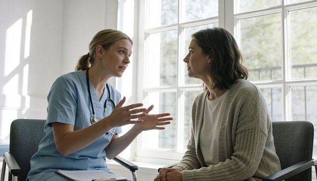 Nurse consulting patient in bright clinic discussing treatment options and care plan