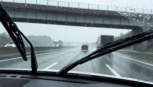 Wipers clearing rain on highway during heavy downpour under overpass