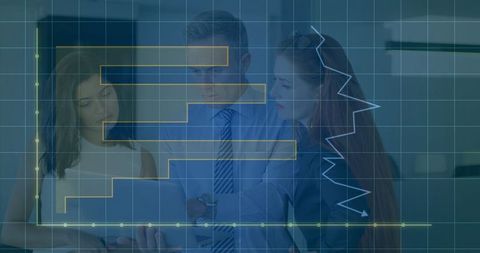 Business team analyzing data with digital chart overlay