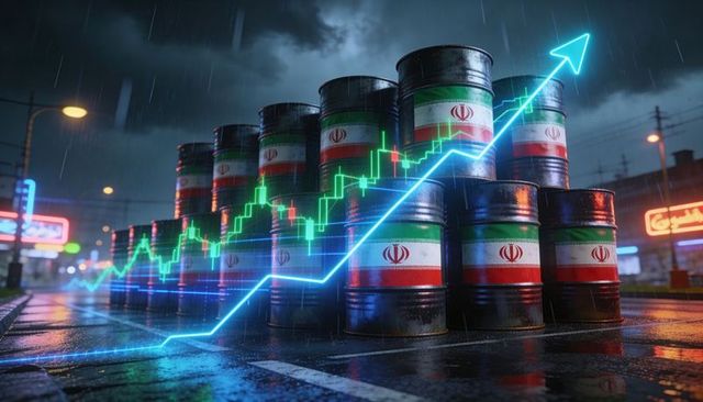 Iran oil barrels stacking with rising market chart overlay, neon rainy night energy surge