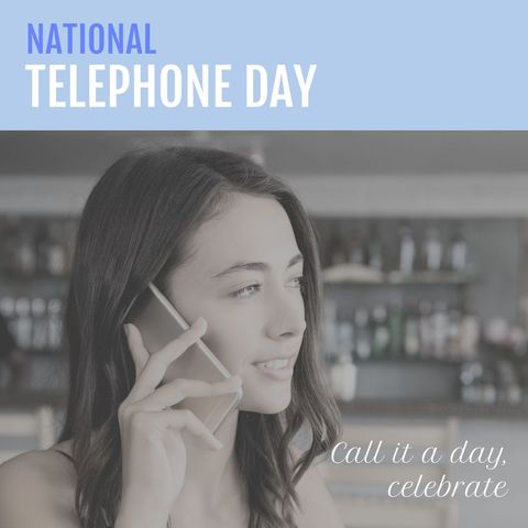 caucasian woman celebrating national telephone day on smartphone - Download Free Stock Templates Pikwizard.com