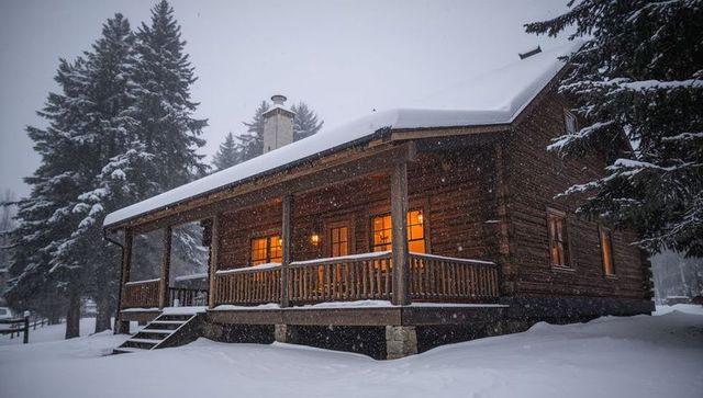 Glowing log cabin sitting in snowy woods at dusk with warm lit windows, falling snow