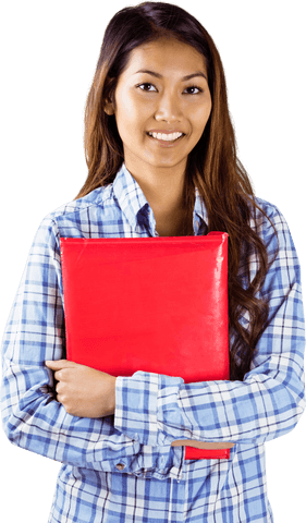 Smiling Asian Woman Holding Red Transparent Book in Blue Plaid Shirt - Download Free Stock Videos Pikwizard.com