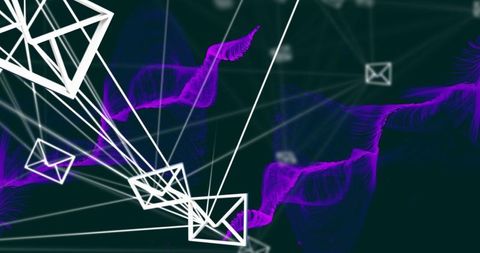 Futuristic digital network with envelopes and purple waves