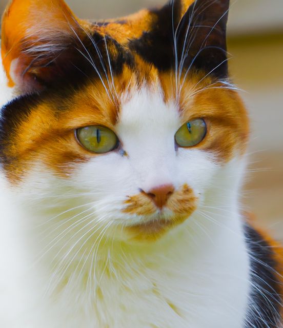 This closeup image of a calico cat with striking green eyes can be used in pet care articles, cat breed studies, veterinary advertisements, and animal lover blogs. Its captivating focus on the cat's face and vibrant colors can also make it suitable for calendar photos, greeting cards, and desktop wallpapers.