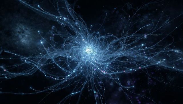 Luminous core emitting filament network and floating particles for ai tech visualization