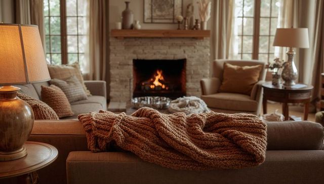 Cozy Rustic Living Room with Fireplace and Knit Blanket