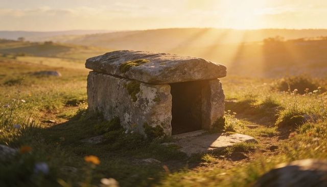 Sunlit ancient dolmen basking on wild upland meadow at golden hour, moss-covered capstone