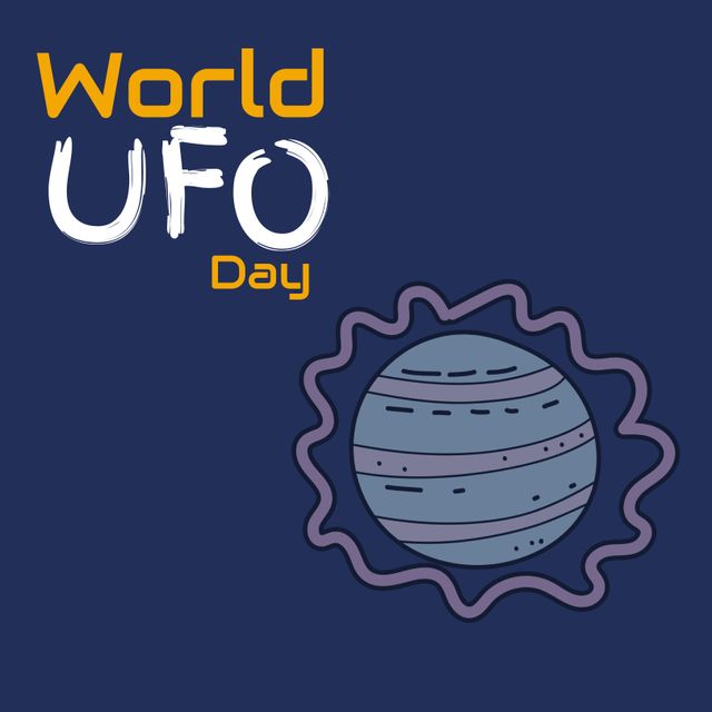 Illustrative image of ufo and world ufo day text over blue background, copy space. vector, awareness, alien, galaxy, futuristic, exploration, space and astronomy concept.