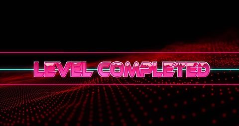 Neon level completed graphic with futuristic aesthetic