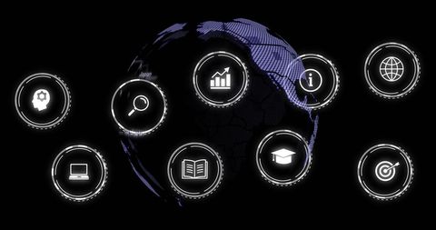Digital Technology Icons Around Globe on Black Background - Download Free Stock Images Pikwizard.com