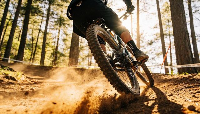 Rear-view mountain biker kicking dirt on sunlit pine singletrack trail