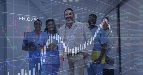 Medical-professional team walking with financial analysis overlay