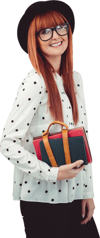 Hipster Woman Holding Book Belt Transparent Background