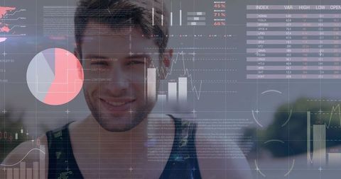 Young athlete smiling with augmented fitness analytics overlay on outdoor running path