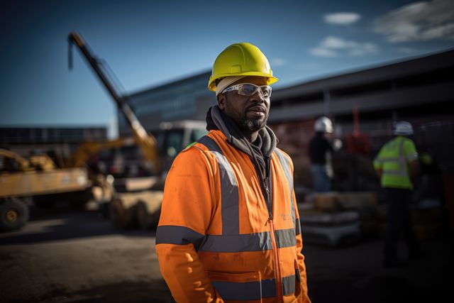 Black construction worker demonstrating confidence and professionalism at a bustling job site. Relevant for projects on construction, safety, teamwork, and urban development. Ideal for brochures, websites, advertisements highlighting construction expertise and safety measures on site.