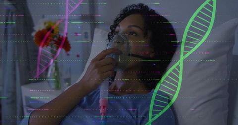 Woman Patient in Hospital Bed Holding Oxygen Mask