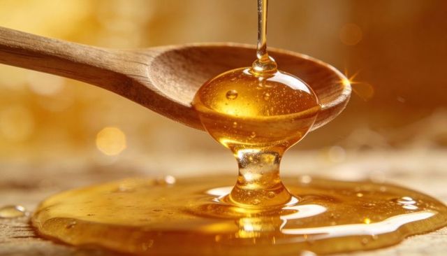 Pouring honey stream over wooden spoon holding suspended golden droplet macro close-up
