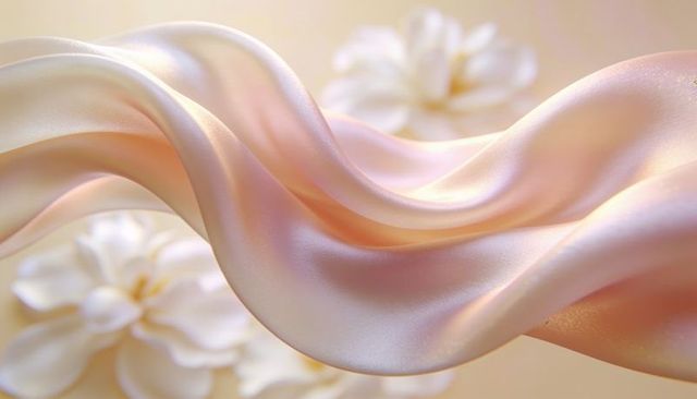 Flowing pearlescent satin ribbon drifting over blurred cream petals pastel silk backdrop