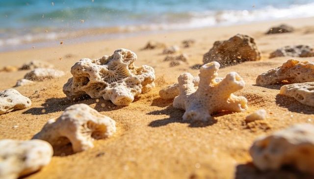Bleached coral fragments resting on golden sand with turquoise surf